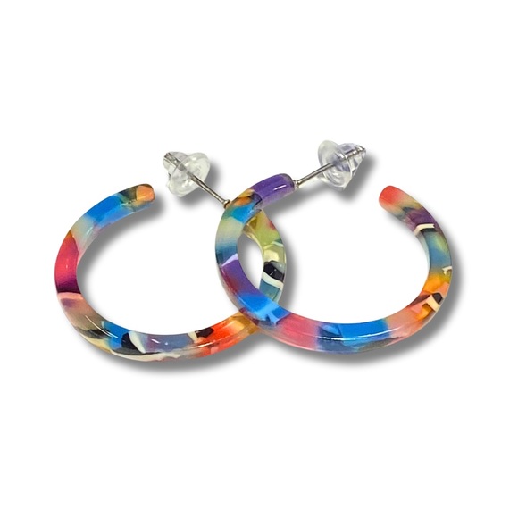 Tortoise Shell Earrings Lightweight Open Hoop Resin Post Multi Color Earthtones - Picture 1 of 7